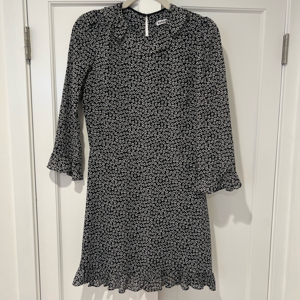 Navy and White Floral Reformation Long Sleeve Mini Dress (Women’s 8)